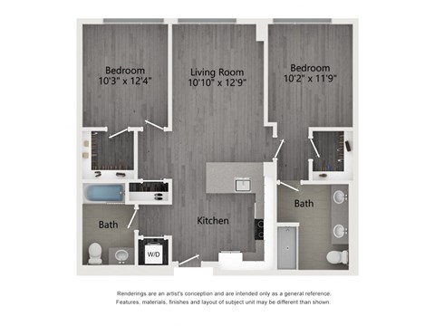 Floor plan for 2 beds, 2 baths, 907 sqft